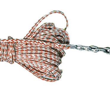 In levilene arancione regolamentare per ancore, completo di catena zincata da 2 m e grillo per collegamento all’ancora.