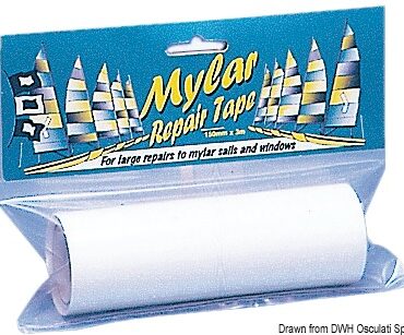Nastro autoadesivo trasparente per riparare istantaneamente le vele. Il Mylar é indicato anche per le vele in dacron o di altri tessuti. E’ adatto inoltre per riparare le finestre trasparenti nelle vele delle derive o surf.
