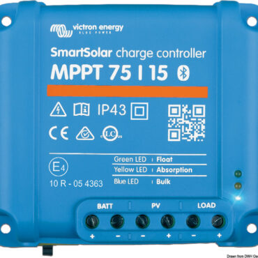 Regolatore di carica solare MPPT (rendimento 98%) con uscita per consumi CC e Bluetooth integrato per configurazione e monitoraggio con la app Victron Connect. Sensore di temperatura interno.