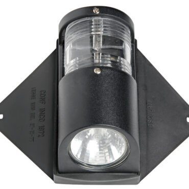 Fanale di via a 225° Art. 11.415.03 conforme alle norme IMCO e RINA Abbinato con speciale faretto alogeno da 35 W 12 V dicroico con vetro anteriore (lampadina ricambio 13.258.57).Realizzato tutto in policarbonato nero, a perfetta tenuta stagna.Speciale sistema flessibile di bandelle laterali che ne permettono l’uso su alberi di qualsiasi dimensione.Monta fanale omologato RINA 11.415.03 (lampadina ricambio 14.300.00).