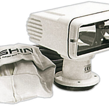 Con doppia lampadina alogena da 55 W ciascuna. Carcassa in alluminio bianco, comando a distanza, segnali morse e variazione della velocità di rotazione del faro. Portata max 1200 m, misure 200x232 mm.