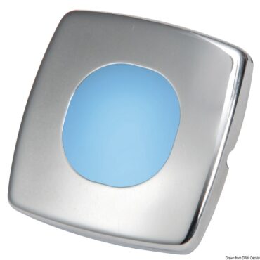 Corpo in policarbonato, frontale in acciaio inox lucidato a specchio. Fissaggio a pressione.