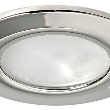 Corpo in acciaio inox. Lente in vetro satinato. Sistema di fissaggio con molle interne.