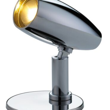 Corpo in acciaio inox lucidato a specchio, testa in alluminio cromato. Interruttore sul retro della testa.