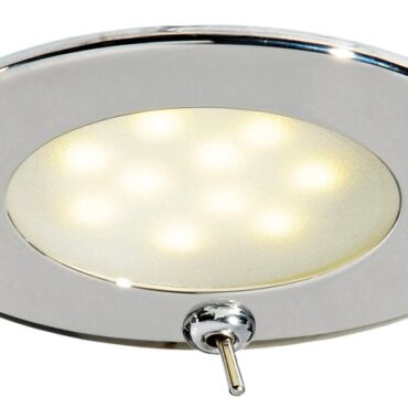 Corpo in acciaio inox. Lente in vetro satinato.Doppio sistema di fissaggio: con viti nascoste o con molle interne inox.