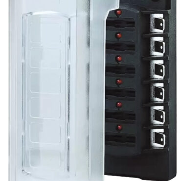 Terminali per alimentazione indipendente. Utilizzabile con qualsiasi fusibile standard (14.004.xx / 14.003.xx) oppure riarmabili alti (14.005.xx).Ruotando il coperchio di 180° si ottiene un profilo basso (per fusibili standard) oppure alto (per fusibili riarmabili).Si possono configurare nella stessa scatola sia circuiti permanenti (allarmi, pompe sentina automatiche, etc) oppure circuiti ON-OFF (luci, GPS, stereo, frigo, etc).Dotata di LED indicatore di fusibile interrotto e 60 etichette per la denominazione dei circuiti. Terminali a vite.