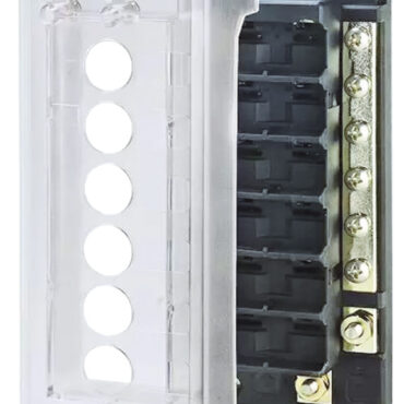 Accetta circuit breaker standard (es. 14.733.xx) molto più facili da installare rispetto ai fusibili a lama.Dotata di coperchio trasparente con sede per etichette di funzione (n.60 etichette fornite di serie).Il cappuccio stagno dei circuiti fuoriesce dai fori della cover e consente il riarmo senza togliere il coperchio.Terminali a vite.