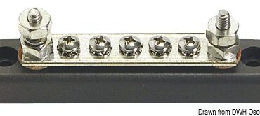 Base plastica ad alta capacità isolante. Barra di supporto in rame nichelato, viti e dadi in acciaio inox. volt 12/48.