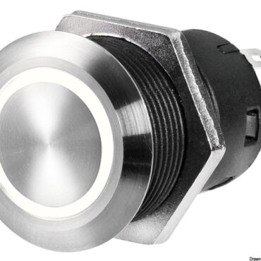 Carcassa in acciaio inox AISI 316 realizzata con CNC. Portata 20 A a 12 V.Impermeabile IP67 (immersione temporanea). Corona luminosa a LED. Durata 20.000 cicli.Cavi collegati schema "A" : corona led sempre accesa.Cavi collegati schema "B" : corona led accesa solo in "ON".