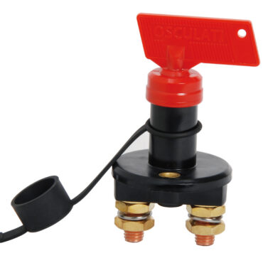 In tecnopolimero nero con fissaggio su flangia. Completo di cappuccio stagno. Contatti in rame e perno in ottone cromato. Perno in ottone nichelato.