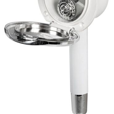 Doccia in ottone cromato, vano di alloggiamento bianco in ASA UV resistente.