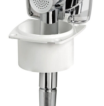 Doccia in ABS cromato, vano di allaggiamento bianco in ASA UV resistente.