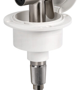 Doccia in acciaio inox, vano di alloggiamento bianco in ASA UV resistente.