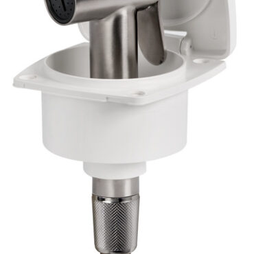 Doccia in acciaio inox, vano di alloggiamento bianco in ASA UV resistente.