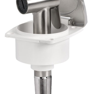 Doccia in acciaio inox, vano di alloggiamento bianco in ASA UV resistente.