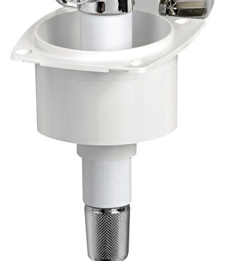 Doccia in ottone cromato, vano di alloggiamento bianco in ASA UV resistente.