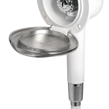 Doccia in ottone cromato, vano di alloggiamento bianco in ASA UV resistente.