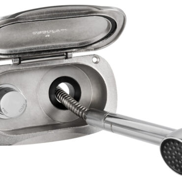 Vano doccia in acciaio inox AISI 316 con sportello autoreggente/frizionato. Doccetta Keji in plastica cromata e testa maggiorata. Boccola interna antivibrante. Miscelatore a pomello cilindrico.