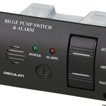 IP43. Modello con copertura posteriore. Completo di:- interruttore ON-OFF-M.ON per azionare la pompa in automatico oppure in manuale, con LED di controllo;- allarme luminoso e sonoro 80 db per segnalazione acqua in sentina;- fusibile max 5A.