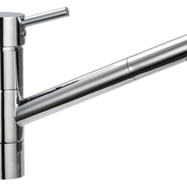 Rubinetto in ottone cromato. Getto orientabile, collo lungo per lavelli cucina.