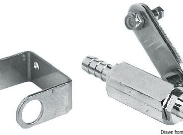 Movimento a sfera, regolamentare RINA. Braccetto per comando a distanza. Completo di supporto a parete e due portagomma da 1/4”x10 mm, con il supporto si monta lungo la tubazione, senza il supporto si monta direttamente sul serbatoio.