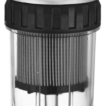 Fabbricato in alluminio anodizzato, con vaschetta trasparente smontabile per la sostituzione della cartuccia filtrante o sua pulizia.