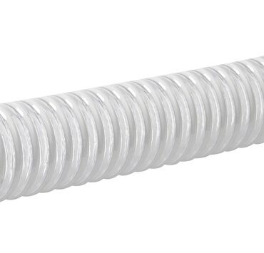 In PVC trasparente con spirale in PVC bianco molto morbido, accetta curve ridotte senza schiacciarsi. Tubo alimentare a norma CE. Temperatura di impiego -10°C +60°C.