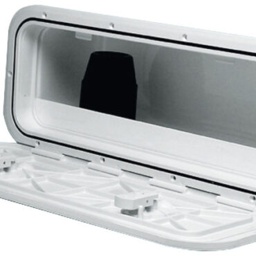 In ABS bianco. Coperchio completamente carenato, nasconde totalmente il telaio. La paratia frontale é ad incastro, pertanto la tasca può essere montata con apertura verso l’alto oppure verso il basso.