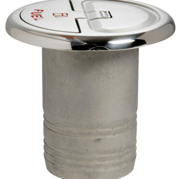 Caratteristiche tecniche: chiusura a scatto con rotazione 45°; sporgenza solo 7,7 mm; viti a scomparsa; cavetto inox di ritegno con molla; versioni fuel e diesel con attacco per cavo di massa; fabbricato in acciaio inox AISI 316 lucidato a specchio; simbologia a norme DIN.