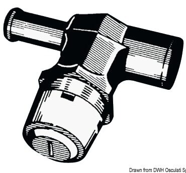 Portagomma da 16 mm a 90° e sifone con valvola, che evita in maniera assoluta l'entrata di acqua nello scafo. Carcassa in nylon, parte esterna in acciaio inox lucidato. Progettato secondo i requisiti prescritti dalla norma UNI EN ISO 21487.