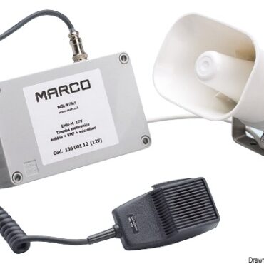 Funzioni: - Tromba - Entrata VHF - Segnale automatico da nebbia - Microfono.Completa di altoparlante stagno, staffa in acciaio inox, microfono di comando. Regolamentare per imbarcazioni fino a 12 m.