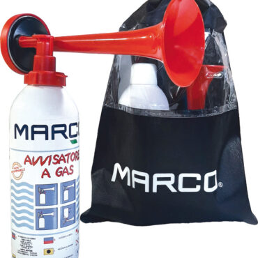 Cornetto in plastica, base con fondello in acciaio inox e bombola contenente gas non infiammabile.