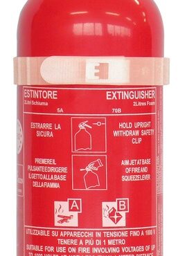 Regolamentare per locali cucina in quanto spegne bene le fiamme di olii vegetali che si usano per cucinare. Bombola in alluminio inossidabile, completo di supporto.