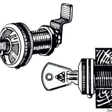 Con rotazione di 90° dell’astina posteriore, si ottiene ruotando una ghiera zigrinata sotto la flangia (la rotazione é libera). Volendo bloccare l’astina si preme un pulsantino laterale. Lo sblocco si ottiene solo inserendo la chiave. Il vantaggio é che si può utilizzare la serratura sempre senza chiave. E’ accessoriata con 3 astine da 16/20/25 mm per i vari spessori. E’ realizzata in ottone nichelato, molle comprese.
