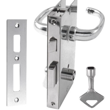 Serrature in ottone cromato da infilare, per porte spessore 15 mm, complete di scontro, coppia placche inox e coppia maniglie 84 mm.