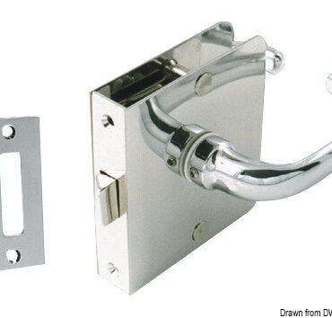 Serrature in ottone cromato da infilare, per porte spessore 15 mm, complete di scontro, coppia placche inox e coppia maniglie 84 mm.