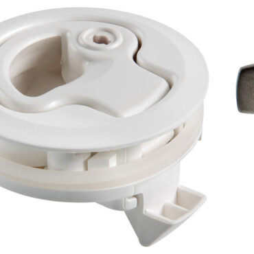 In nylon bianco, completo di squadretta in acciaio inox di battuta e 2 spessori da 2 mm cad.