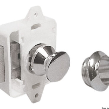 Per chiudere si preme il pulsante che resta a filo, per aprire si ripreme il pulsante che esce sbloccando le antine e costituendo nello stesso tempo un pomello di presa. Montaggio dello scrocco con 2 viti e della ghiera dall’esterno con un foro Ø 26 mm. Corpo scrocco in nylon, molle inox.