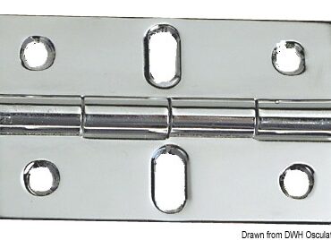 Cerniera in acciaio inox lucidato, mezzo incasso. Provvista di fori centrali ovalizzati per consentire una perfetta centratura. Progettata per incernieratura dei gavoni. Con smorzamento delle vibrazioni tramite asse centrale frenato.
