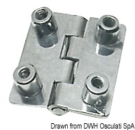 Cerniere in acciaio inox senza viti, provviste di boccolette femmina, filettate 4MA, saldate sotto le cerniera, nella stessa posizione dei fori passanti.