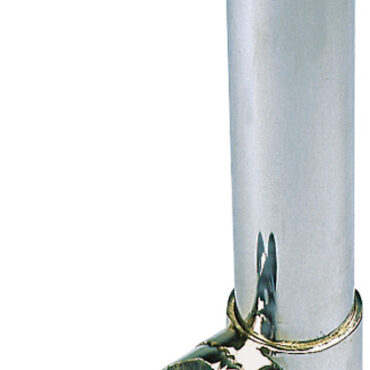 Orientabile in qualsiasi direzione. Si toglie e si mette in pochi secondi, universale. Completo di boccola in gomma e di spina ferma canna. Tutto in acciaio inox AISI 316, base e tubo.