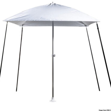 Parti metalliche in alluminio anodizzato. Telaio in tubi di fibra di vetro, copertura in poliestere UV resistente. Meccanismo di inclinazione a 45°.Completo di base in gomma d'appoggio, cinghie di fissaggio e sacca di trasporto.