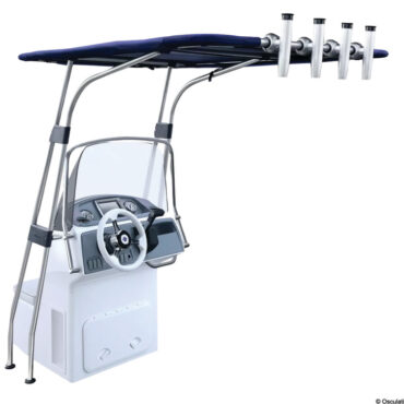 Fabbricati in tubo anodizzato Ø 32 mm. Universale, in quanto gli attacchi possono essere regolati a piacere. Il tessuto del "Top" è in poliestere ATLAS blu 400 g/m2 impermeabile ed UV resistente. Tutti i componenti sono inossidabili.