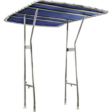 Fabbricati in tubo inox AISI 316 lucidato, Ø 35 mm (struttura della copertura Ø 28 mm). Universale essendo regolabili in larghezza fino ad un max di 140 cm ed un'altezza fino ad un max di 210 cm. Il tessuto del Top di colore blu UV resistente ed impermeabile, può essere smontato per la pulizia. Il T-TOP si può smontare sfilandolo dalle basi.