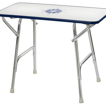 Struttura tubo alluminio anodizzato Ø 25 mm. Ripiano bianco con decoro, spessore 16 mm.