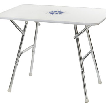 Struttura tubo alluminio anodizzato Ø 25 mm. Ripiano bianco con decoro, spessore 16 mm.