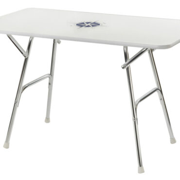 Struttura tubo alluminio anodizzato Ø 25 mm. Ripiano bianco con decoro, spessore 16 mm.