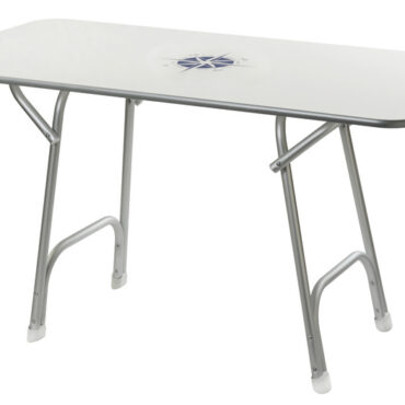 Struttura tubo alluminio anodizzato Ø 25 mm. Ripiano bianco con decoro, spessore 16 mm.