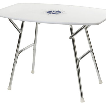 Struttura tubo alluminio anodizzato Ø 25 mm. Ripiano bianco con decoro, spessore 16 mm.