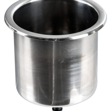 Realizzata in acciaio inox. Dimensionato per contenere bottiglie e lattine; foro di drenaggio con portagomma collegabile opzionalmente; morbido PVC sul fondo con logo.